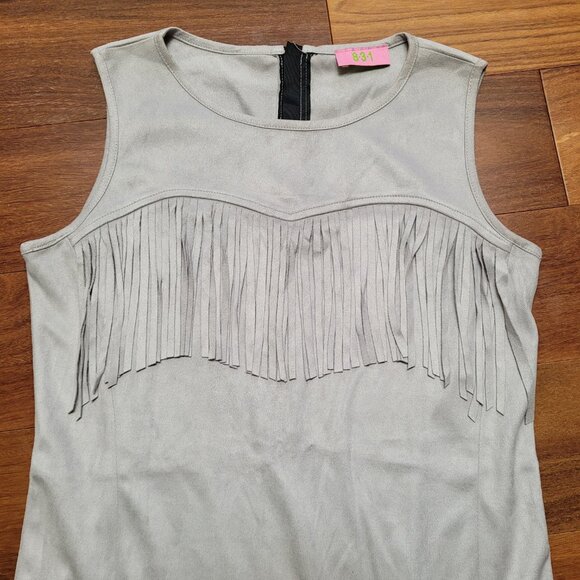 Grey Mini Dress Chest Fringe Festival Sleeveless Exposed Zipper Boho Hippie - Picture 3 of 15